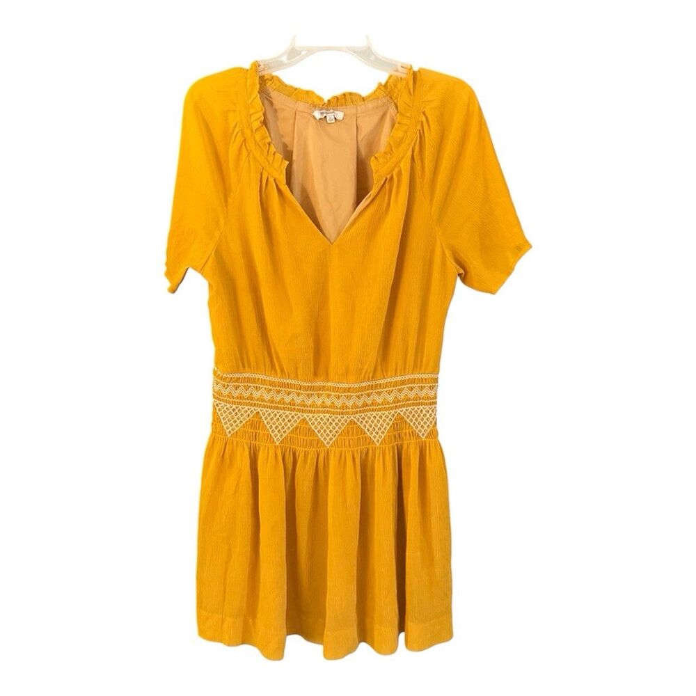 Madewell Smocked Golden Yellow Mini Dress Embroidered Size 12